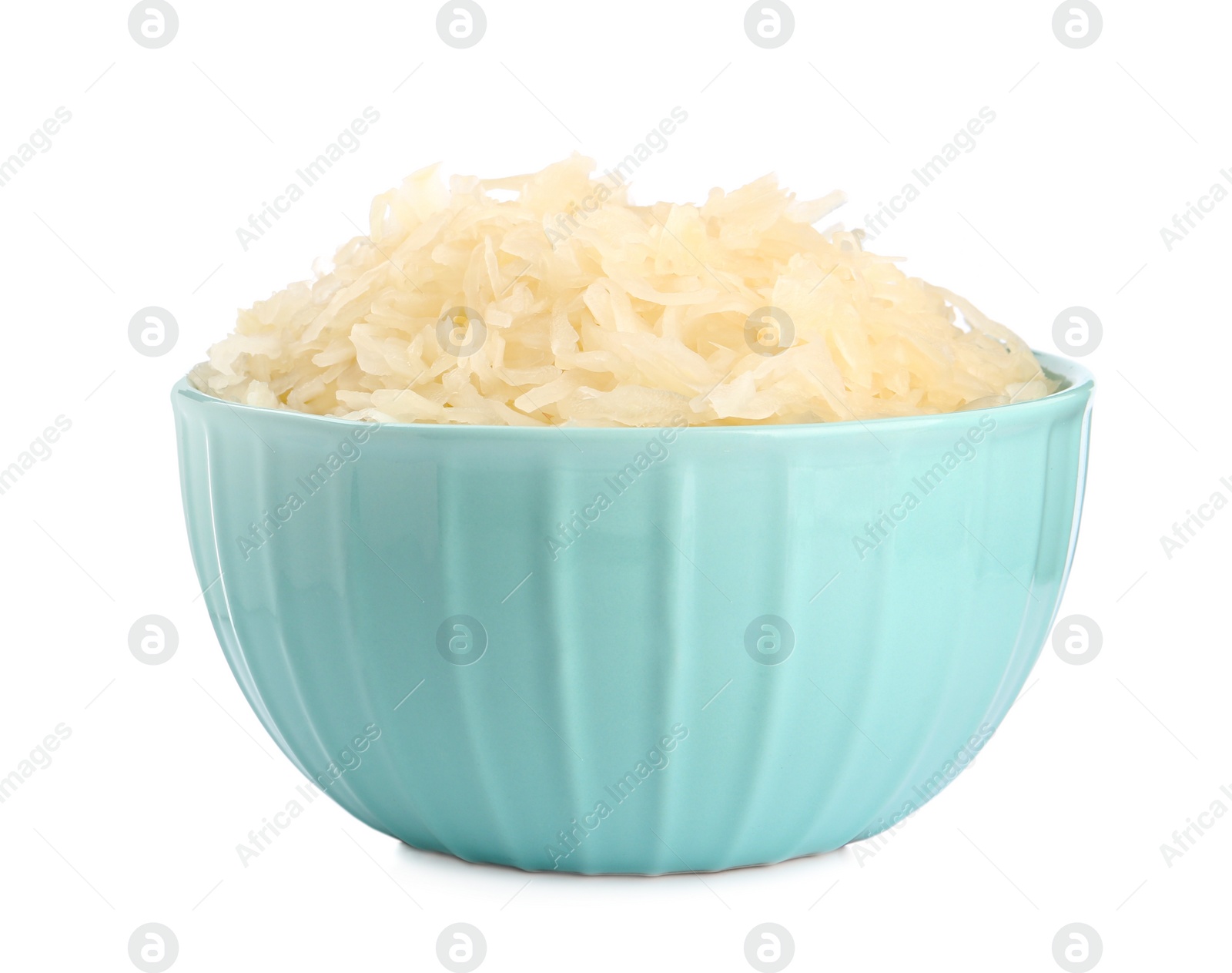 Photo of Bowl of tasty sauerkraut on white background