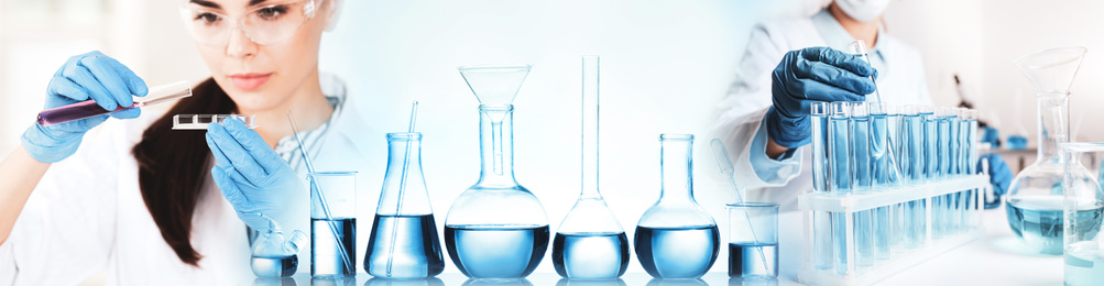 Multiple exposure of scientists doing sample analysis and laboratory glassware, banner design