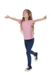 Photo of Full length portrait of happy girl running on white background