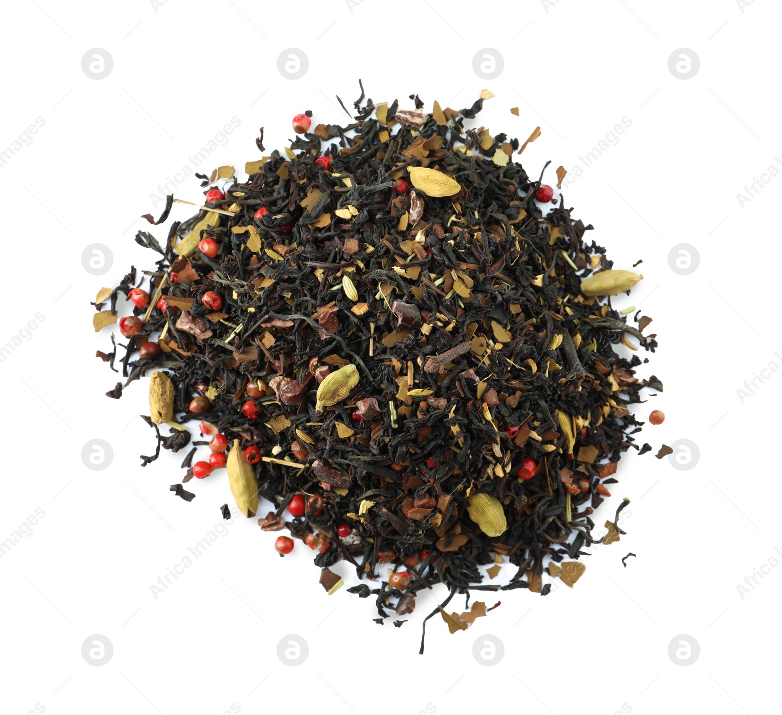 Photo of Pile of aromatic herbal tea isolated on white, top view