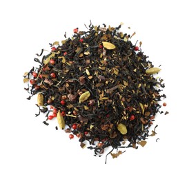 Pile of aromatic herbal tea isolated on white, top view