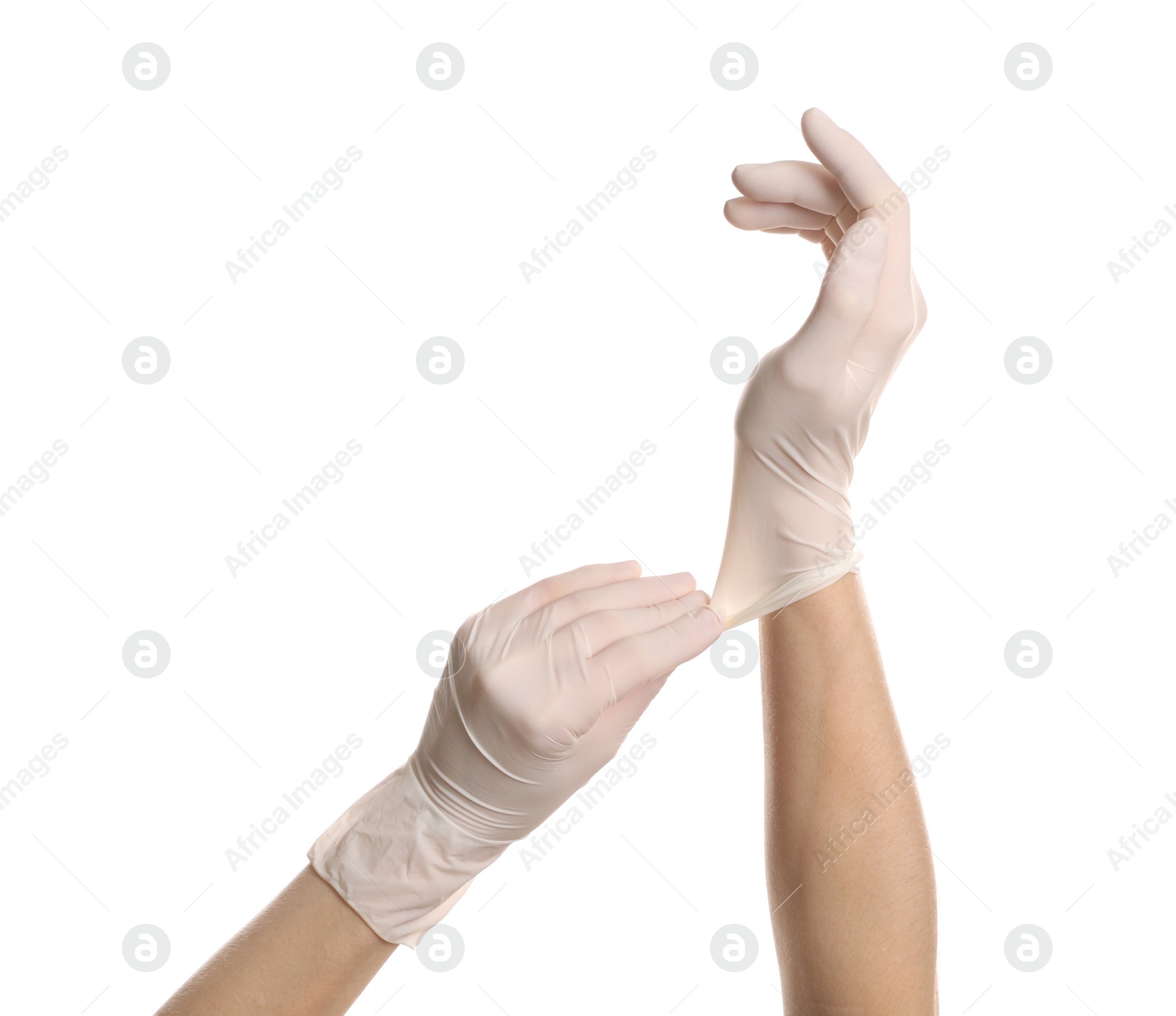 Photo of Doctor wearing medical gloves on white background, closeup