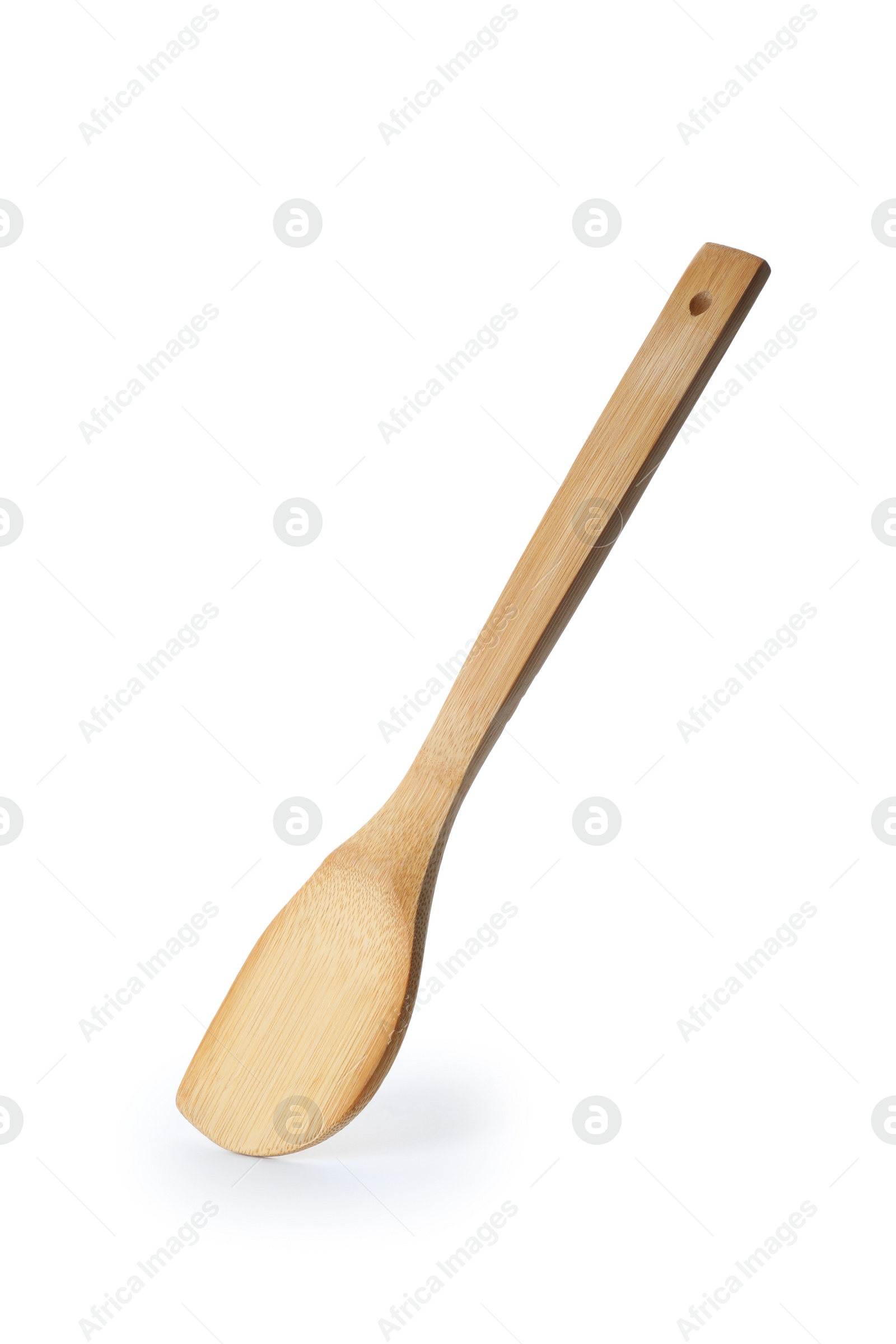 Photo of Bamboo spatula on white background. Kitchen utensils