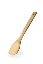Photo of Bamboo spatula on white background. Kitchen utensils