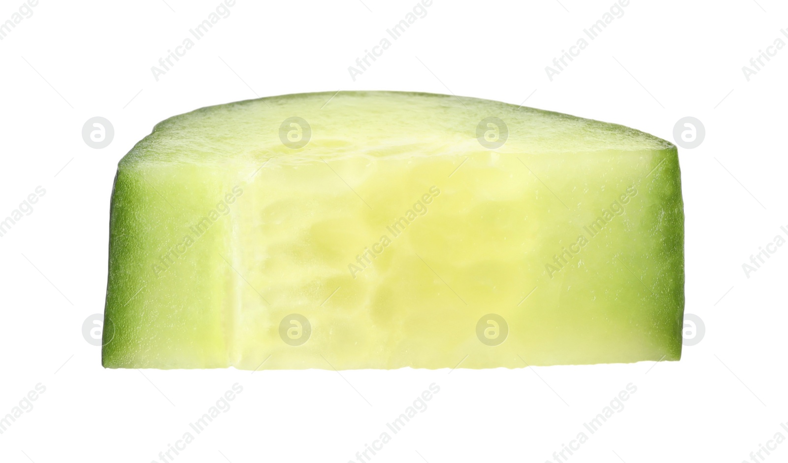 Photo of Cut fresh green cucumber on white background