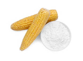 Photo of Bowl of corn starch and ripe cobs on white background, top view