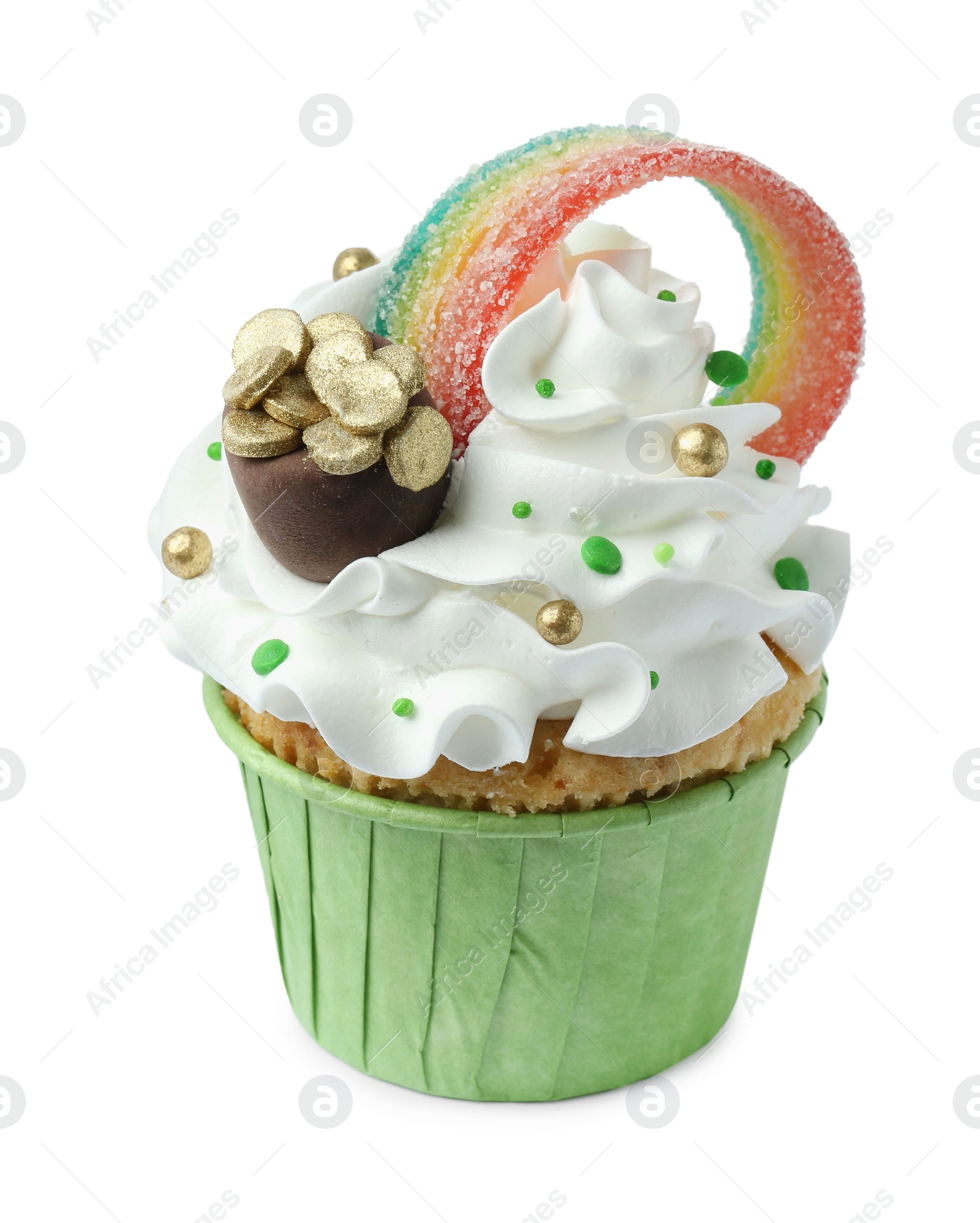 Photo of St. Patrick's day party. Tasty cupcake with sour rainbow belt and pot of gold toppers isolated on white