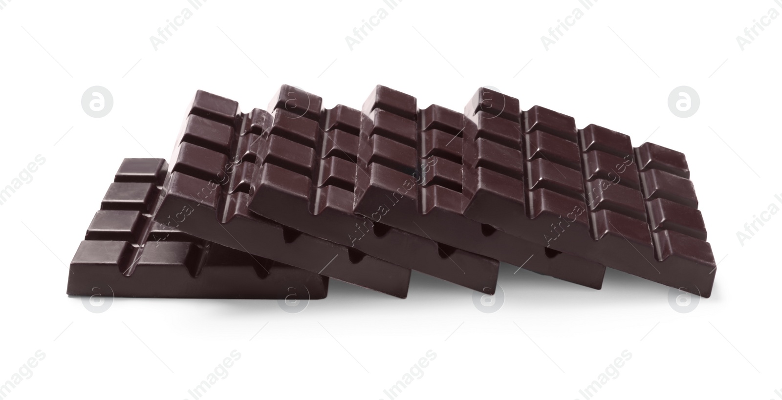 Photo of Delicious dark chocolate bars isolated on white