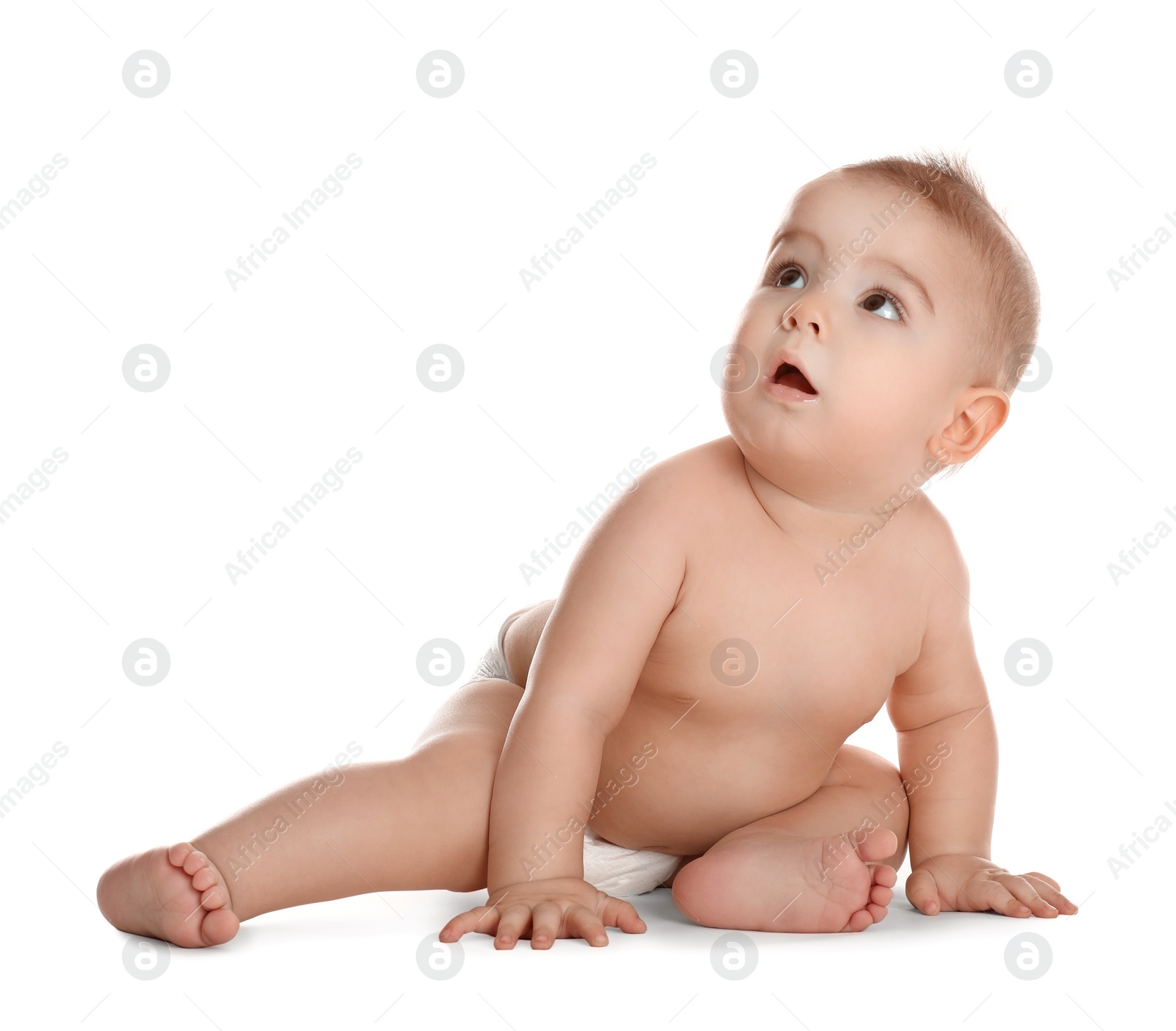 Photo of Cute little baby in diaper on white background