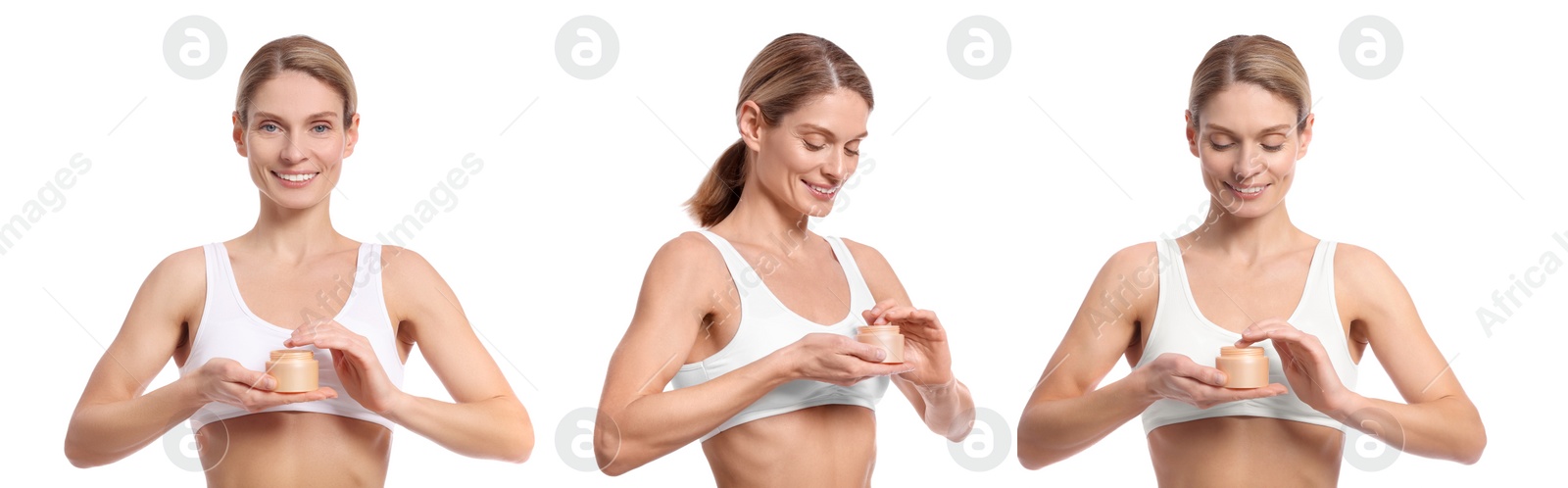 Image of Photos of woman holding jar with body cream on white background, collage design