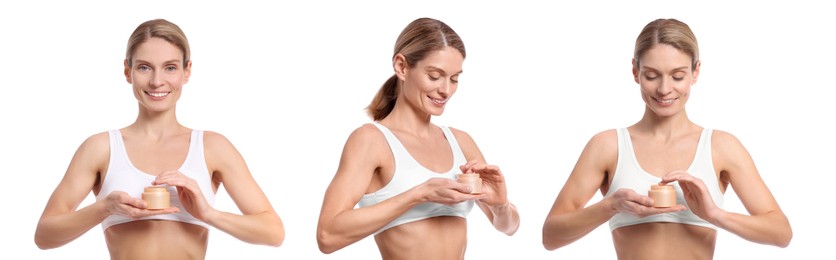 Image of Photos of woman holding jar with body cream on white background, collage design