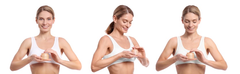 Photos of woman holding jar with body cream on white background, collage design