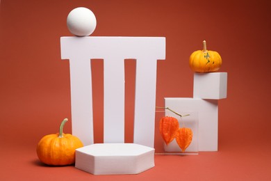 Autumn presentation for product. Geometric figures, pumpkins and physalis on terracotta background