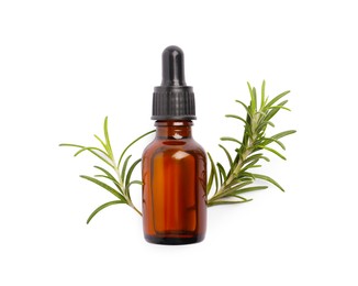 Photo of Sprigs of fresh rosemary and essential oil on white background, top view