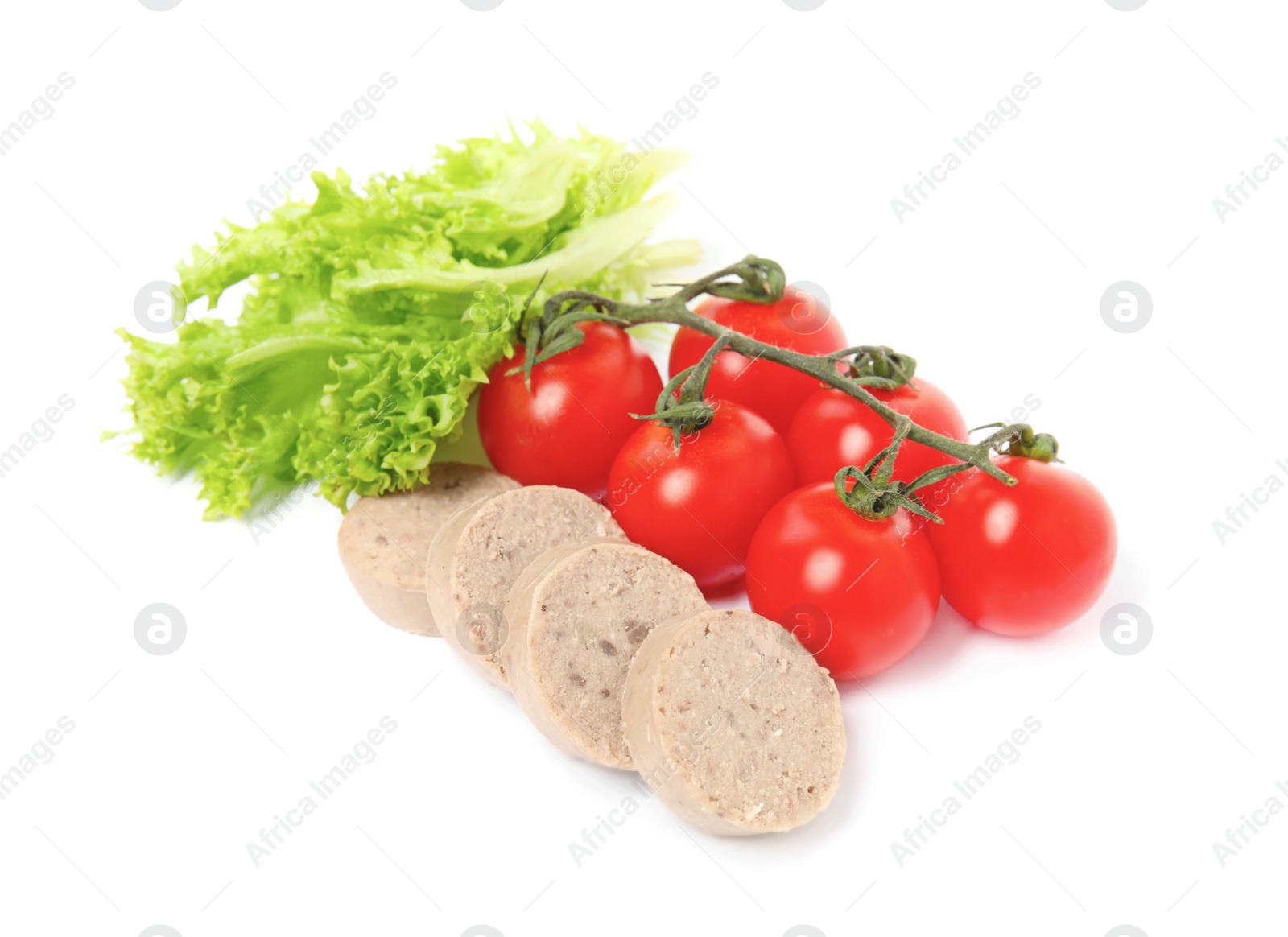 Photo of Slices of delicious liver sausage, tomatoes and lettuce on white background