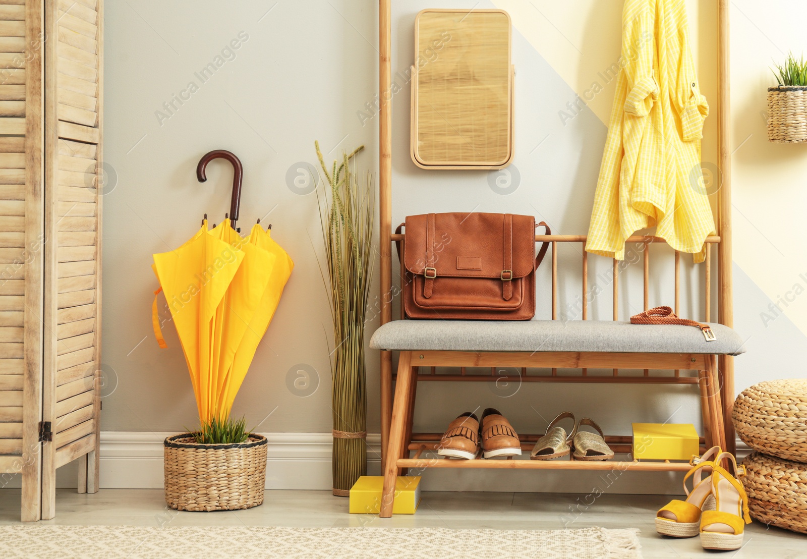 Photo of Cozy hallway interior with storage bench and stylish design elements