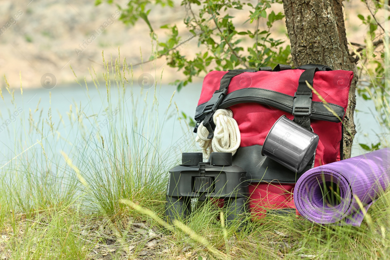 Photo of Backpack and camping equipment on grass near tree in wilderness. Space for text