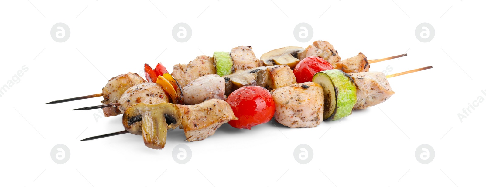 Photo of Delicious shish kebabs and grilled vegetables isolated on white