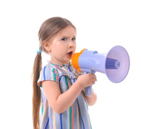 Adorable little girl with megaphone on white background