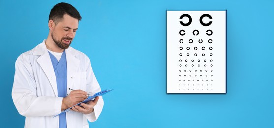 Image of Vision test. Ophthalmologist or optometrist and eye chart on light blue background, banner design