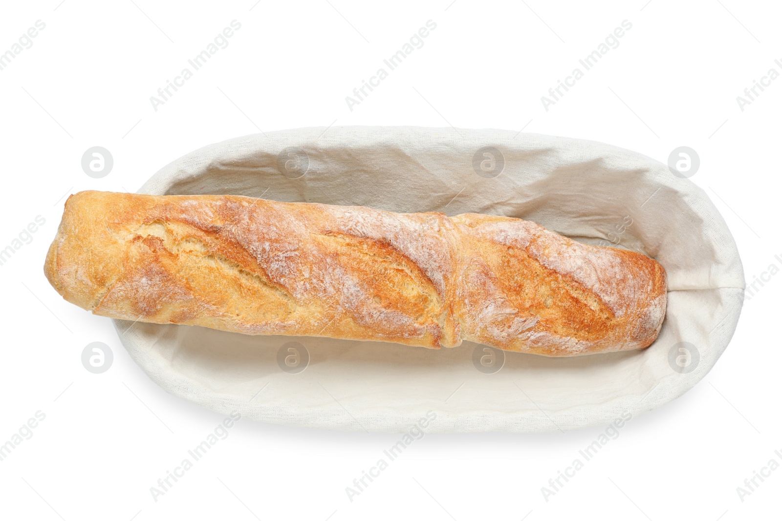 Photo of Crispy French baguette isolated on white. Fresh bread