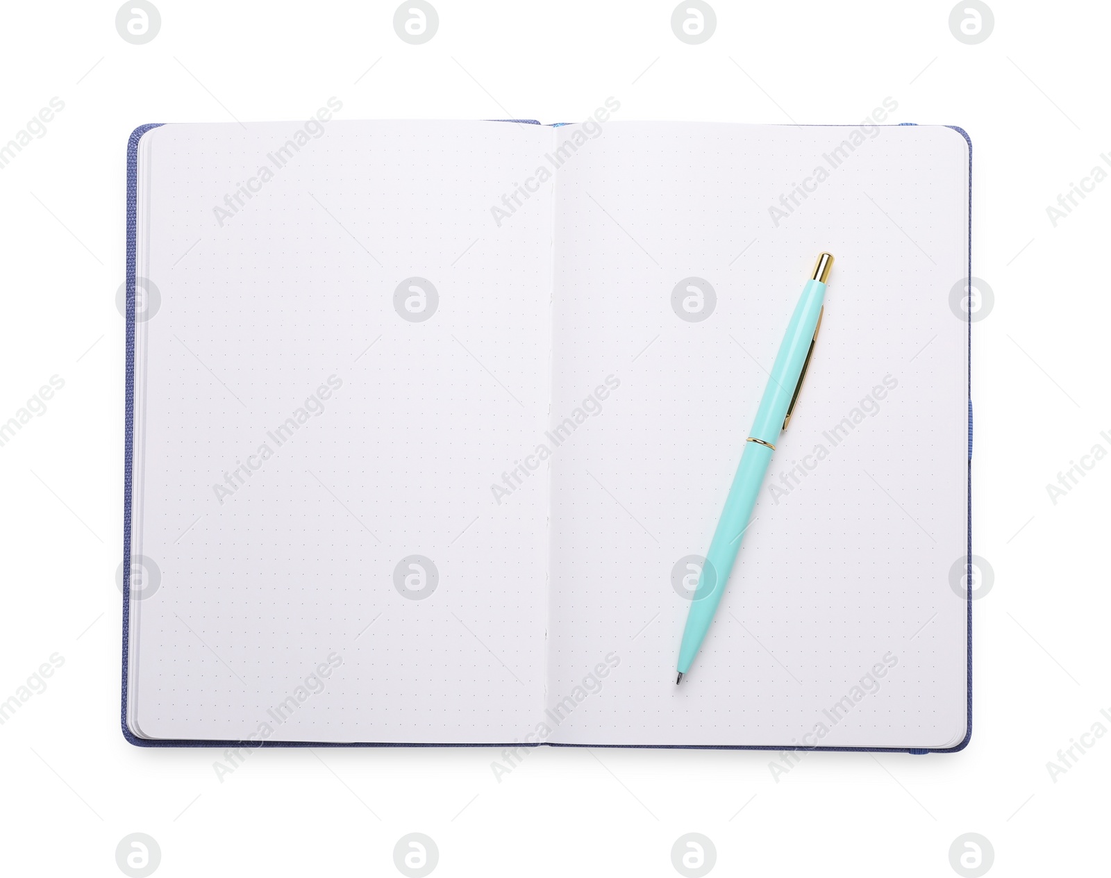 Photo of Open blank office notebook and pen isolated on white, top view