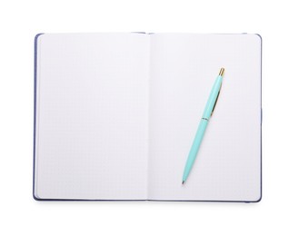 Photo of Open blank office notebook and pen isolated on white, top view