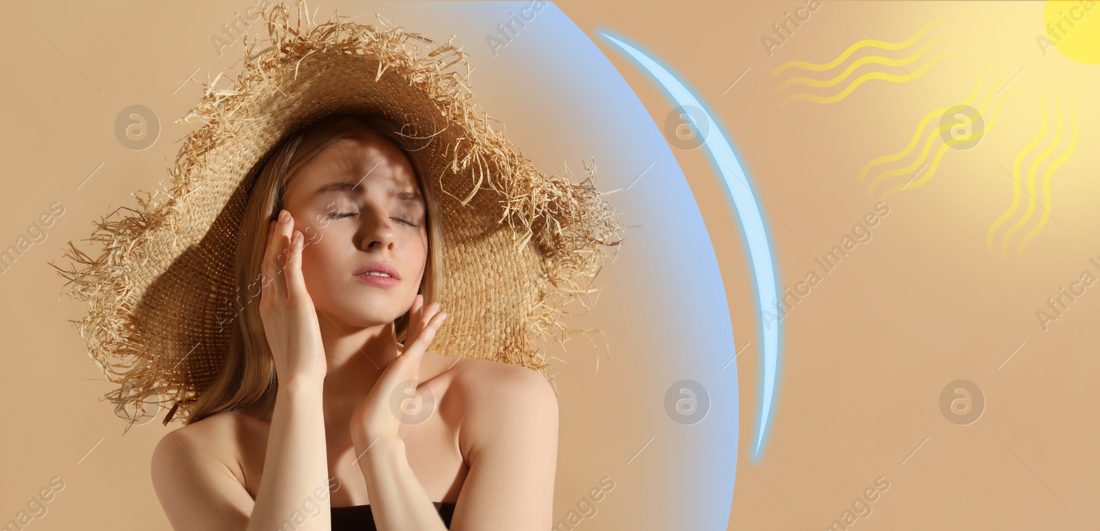 Image of Sun protection product (sunscreen) as barrier against ultraviolet, banner design. Beautiful young woman in straw hat on beige background