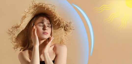 Sun protection product (sunscreen) as barrier against ultraviolet, banner design. Beautiful young woman in straw hat on beige background