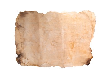 Photo of Piece of old paper with dark burnt borders isolated on white. Space for text