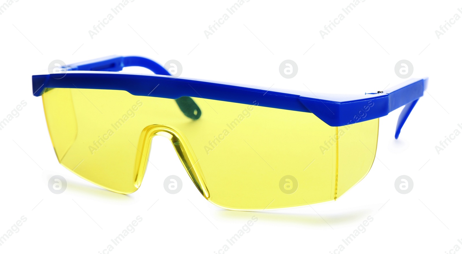 Photo of Protective goggles on white background. Safety equipment