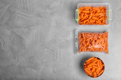Photo of Frozen carrots on table. Vegetable preservation