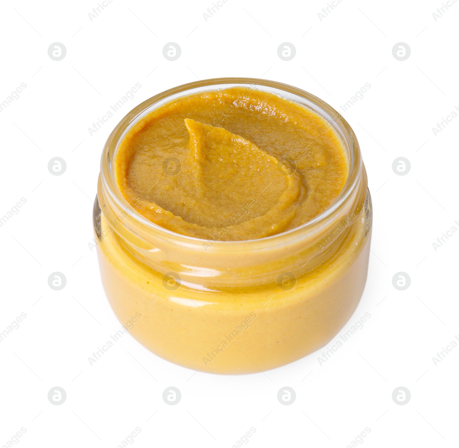 Photo of Fresh tasty mustard sauce in glass jar isolated on white