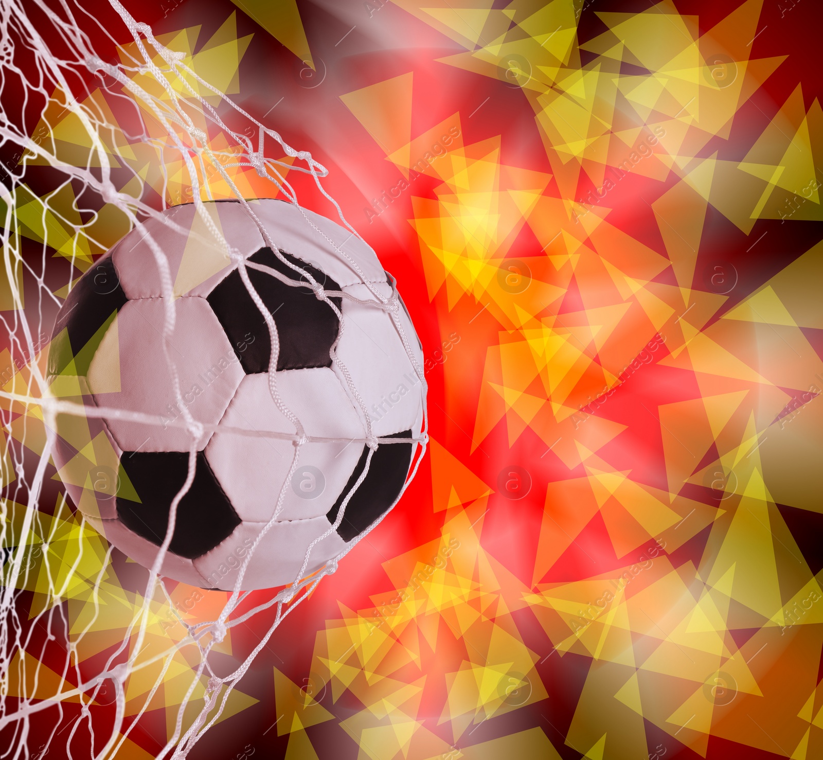 Image of Soccer ball in net on color background, space for text