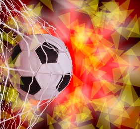 Image of Soccer ball in net on color background, space for text