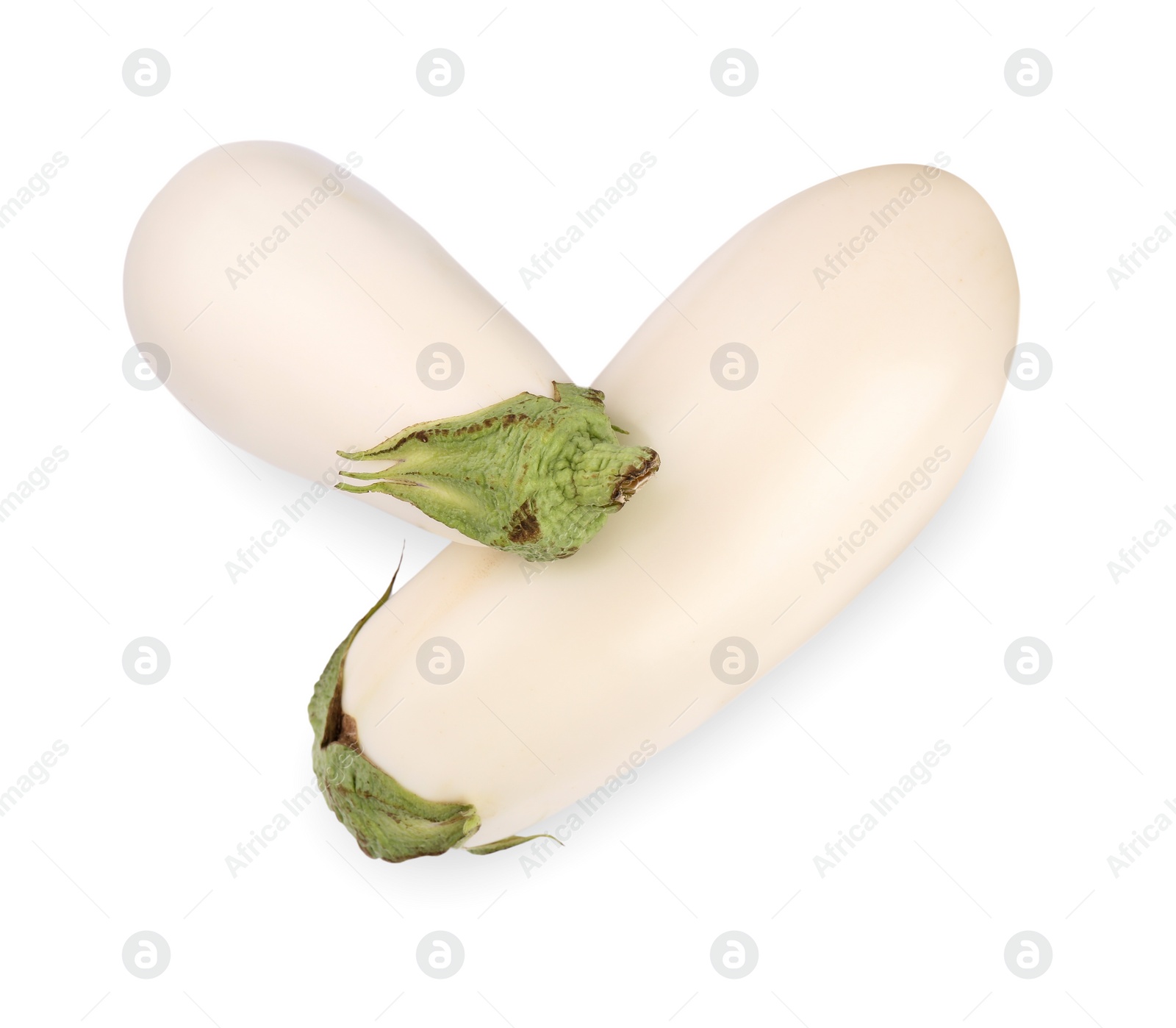 Photo of Two white eggplants isolated on white, top view