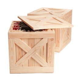 Photo of Wooden crates with bottles of wine isolated on white