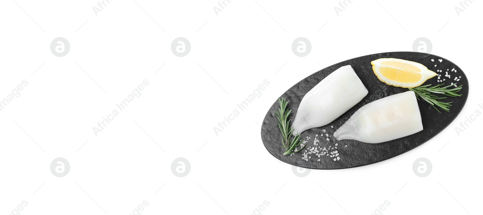 Image of Pieces of squids with lemon and rosemary on white background, top view