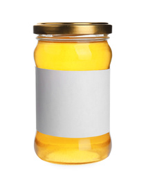 Photo of Glass jar of acacia honey with blank label isolated on white