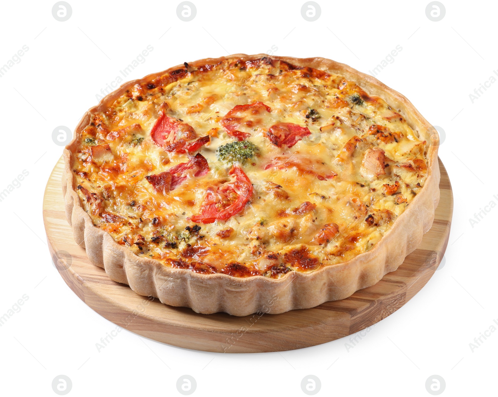 Photo of Tasty quiche with cheese and tomatoes isolated on white