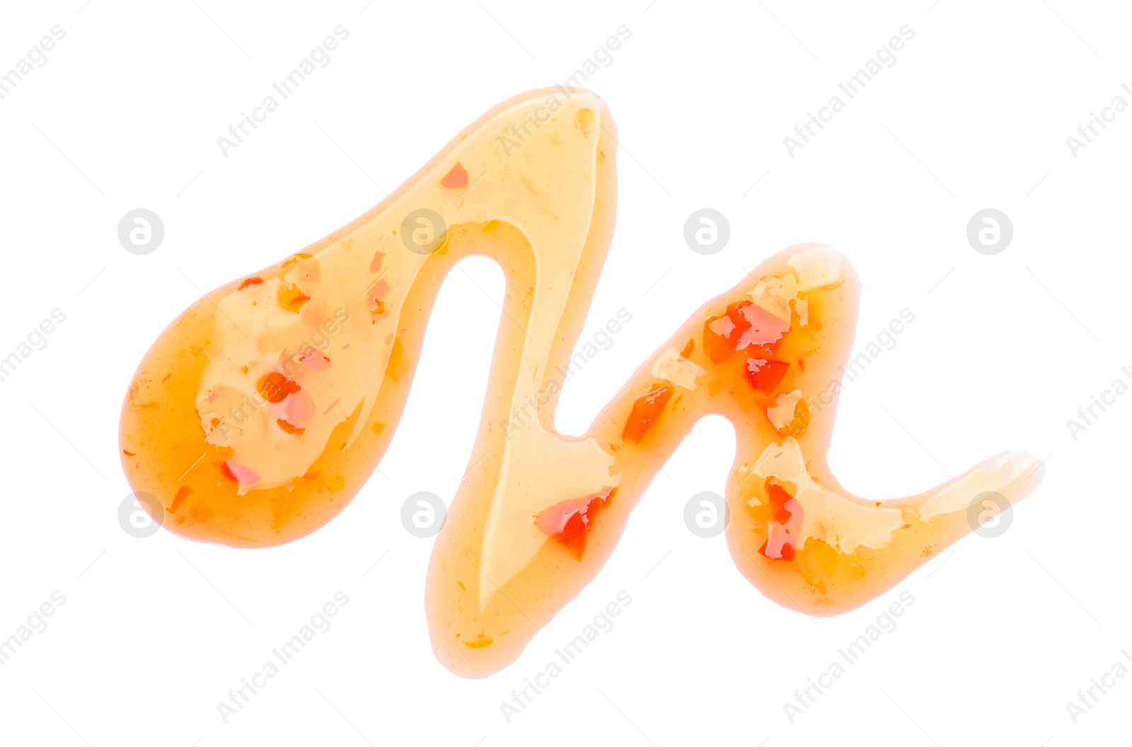 Photo of Delicious sweet chili sauce on white background, top view