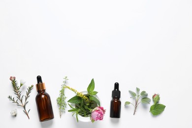 Bottles of essential oils, different herbs and rose flower on white background, flat lay. Space for text