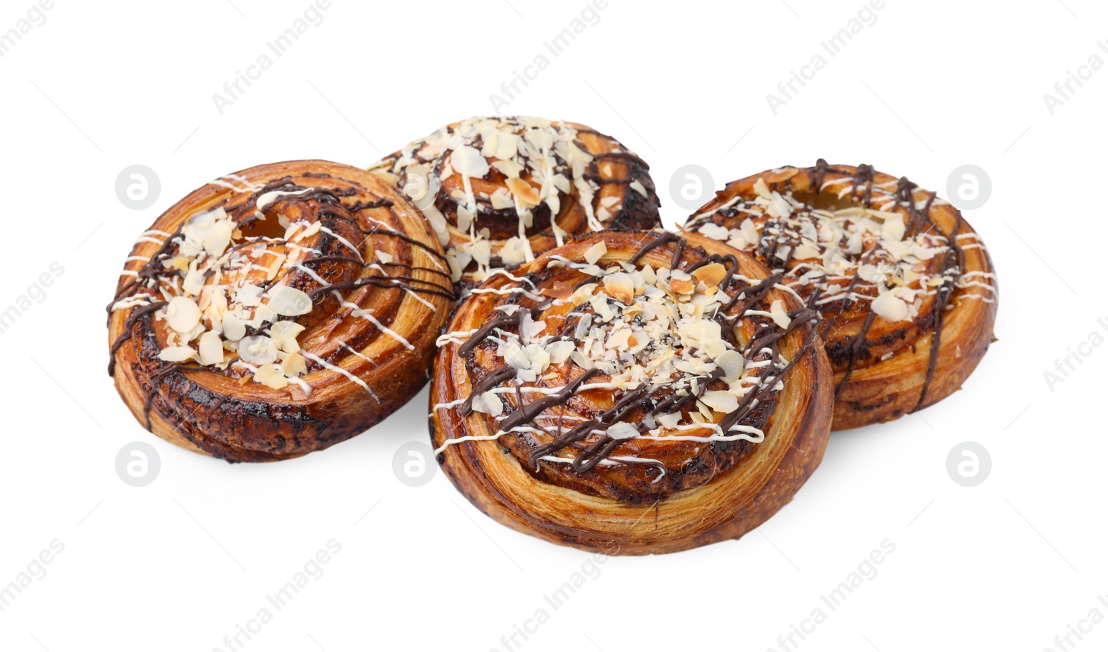 Photo of Delicious rolls with almond and toppings isolated on white. Sweet buns