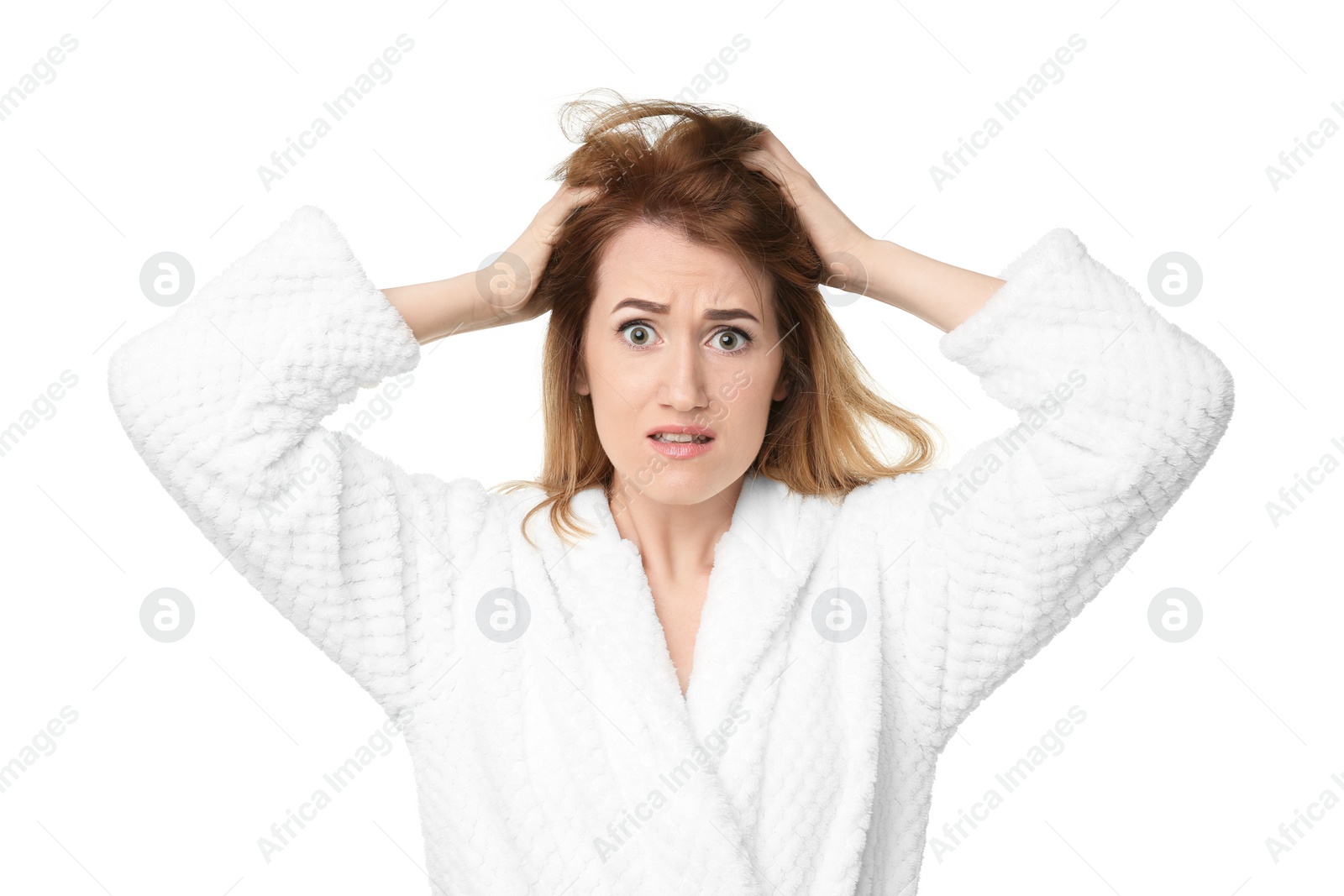 Photo of Young woman with hair loss problem on white background