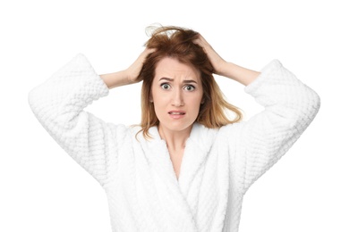 Young woman with hair loss problem on white background