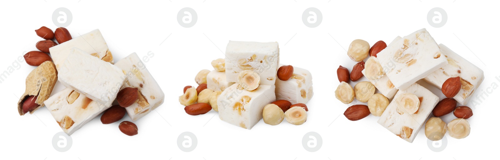 Image of Piles of delicious nougat with nuts on white background, collage design