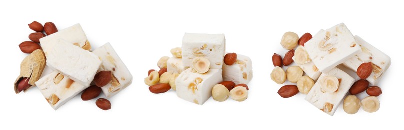 Image of Piles of delicious nougat with nuts on white background, collage design