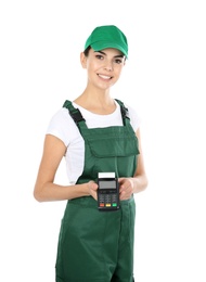 Female courier with terminal for contactless payment on white background