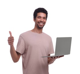 Photo of Smiling man with laptop showing thumb up on white background