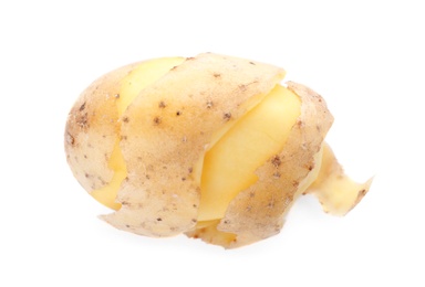 Photo of Ripe half-peeled organic potato on white background